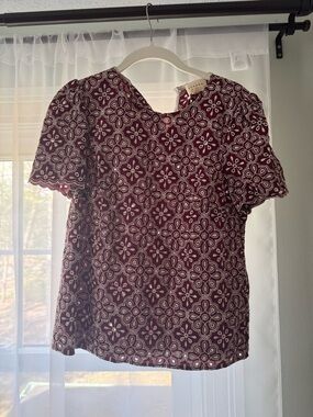 Sezane Burgundy Floral Eyelet Lace Short Sleeve Top